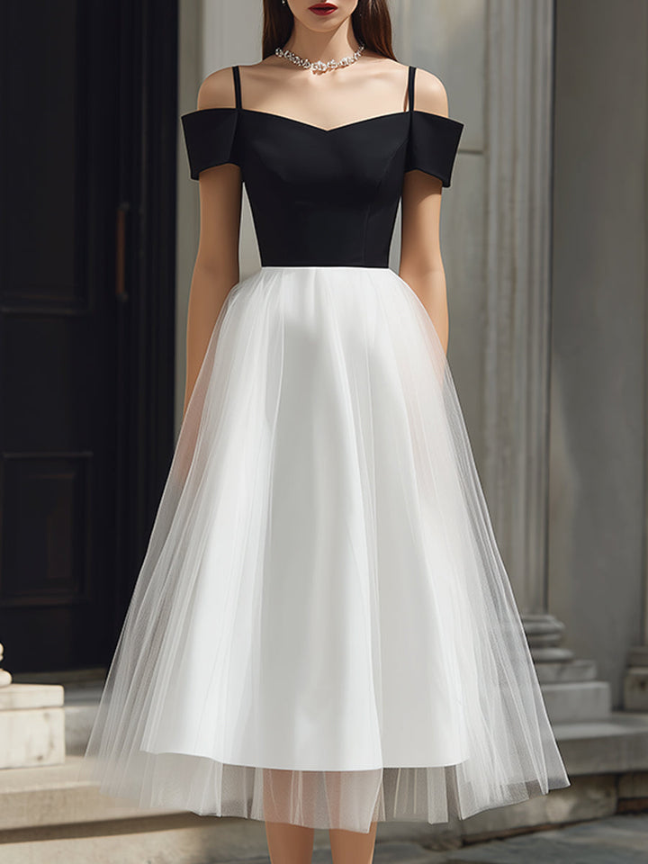 Midi A-vonalú Tüll Ruha Pántos Off-Shoulder Részletekkel