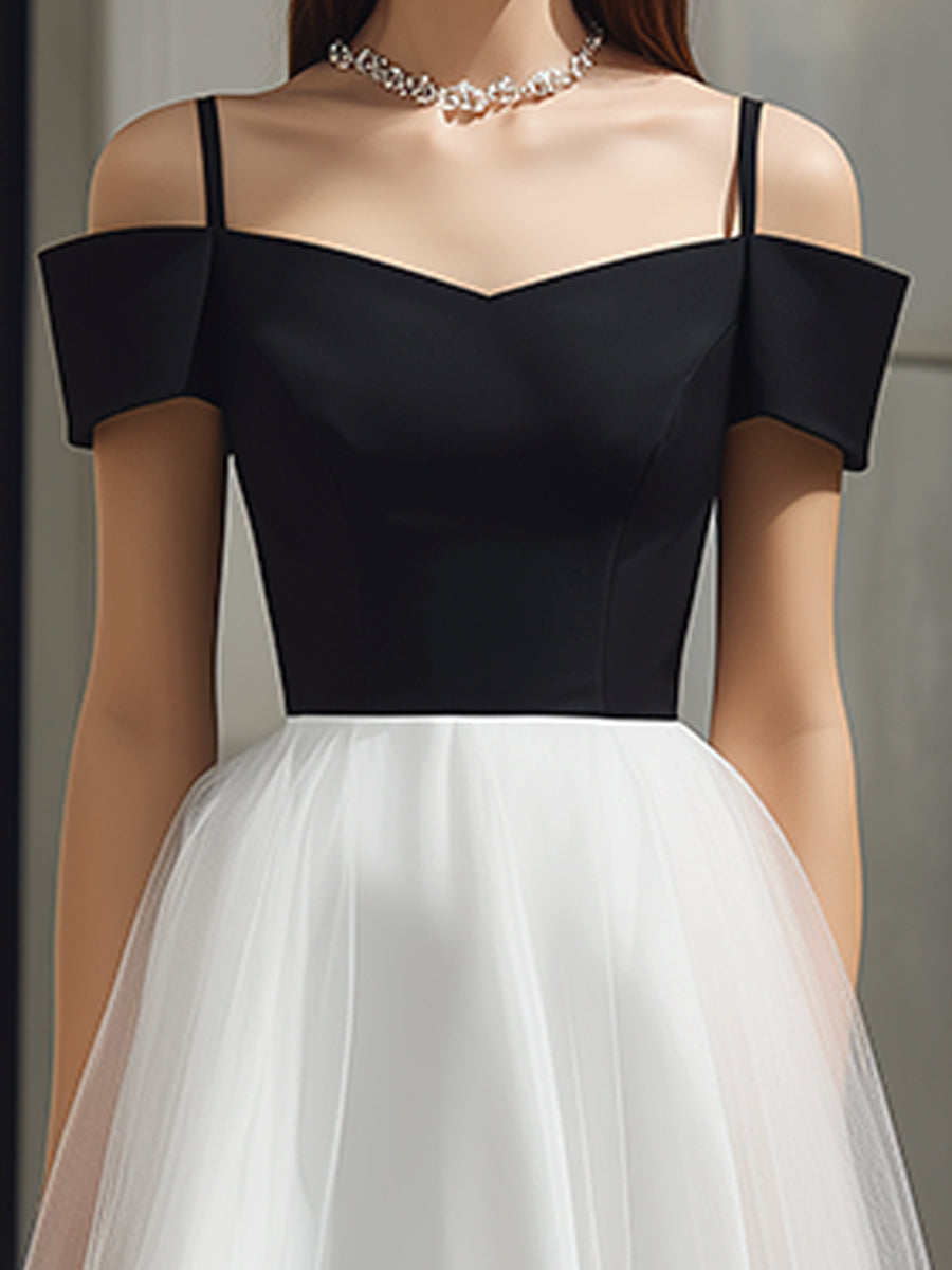Midi A-vonalú Tüll Ruha Pántos Off-Shoulder Részletekkel