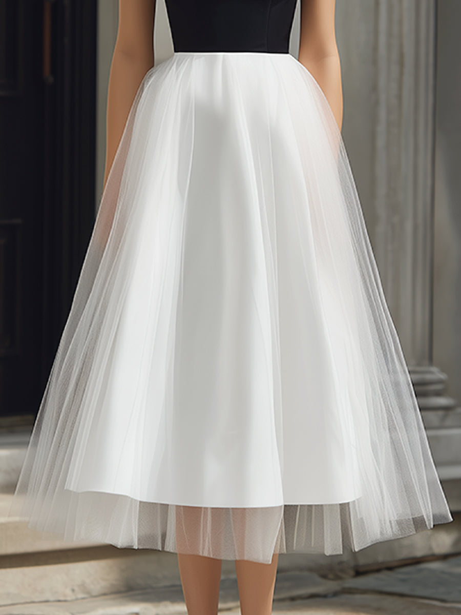 Midi A-vonalú Tüll Ruha Pántos Off-Shoulder Részletekkel