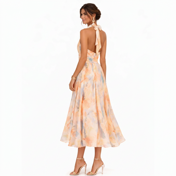 Monika – Virágos Halter Midi Ruha