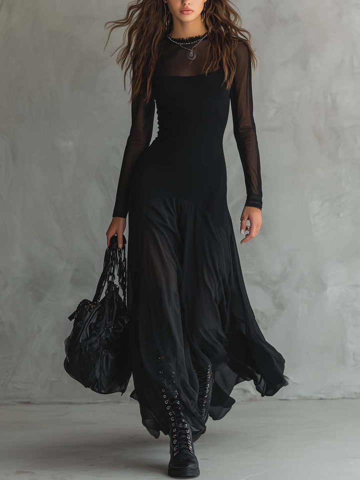 Mădălina | Fekete Tüll Maxi Loose-fit Ruha