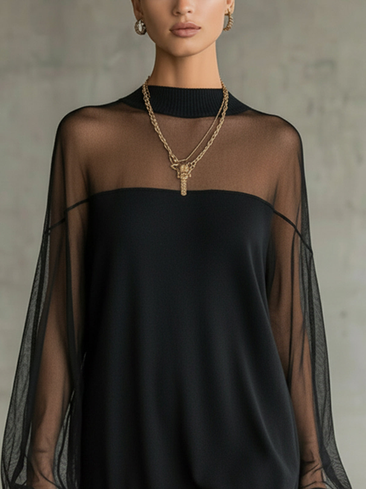 Amélie™ | Elegáns Fekete Mini Ruha Hálós Ujjakkal