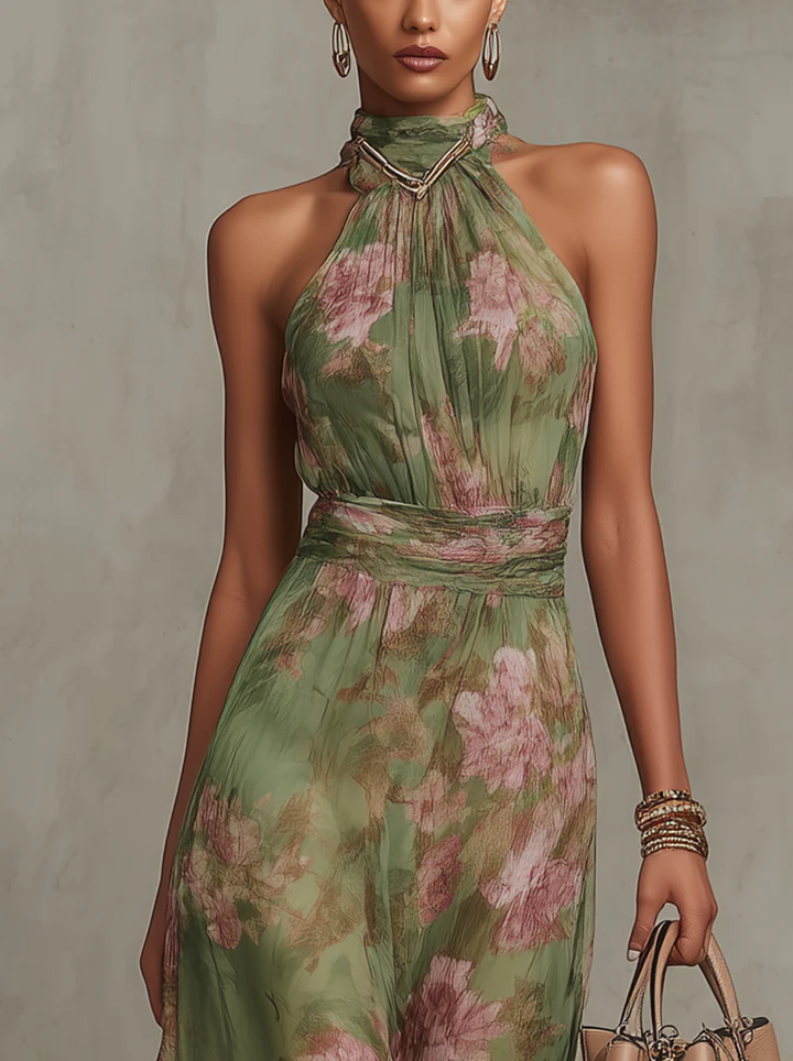 Florencia | Zöld Virágmintás Maxi Halter Chiffon Ruha