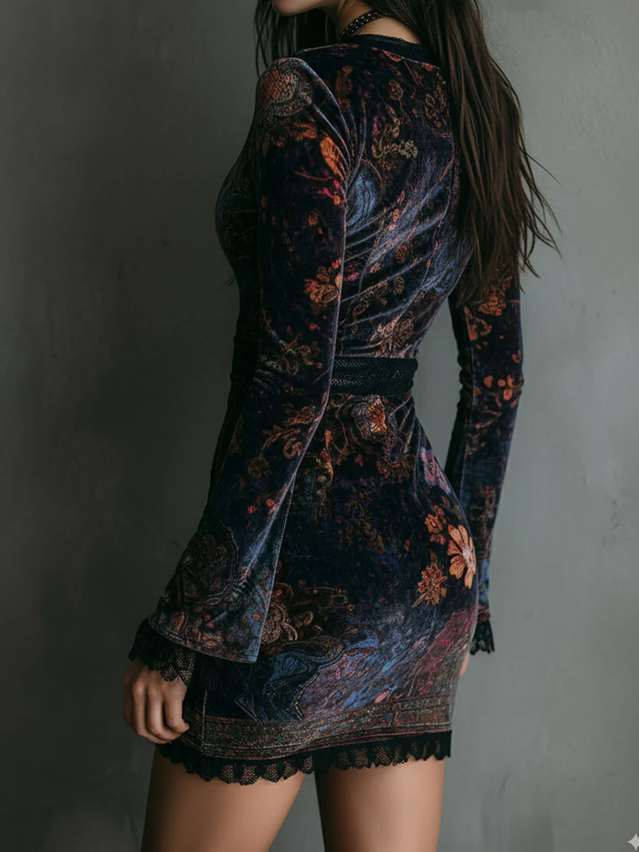 Grazia - Mini Slim-fit Velúr Ruha Virágmintával és Csipkével
