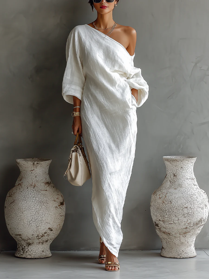 Elise™ | Elegáns Egyszerű Vállú Maxi Ruha Fehérben