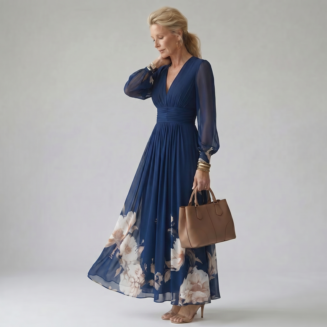 Lilly | Tengerészkék Virágos Kényelmes Maxi Ruha