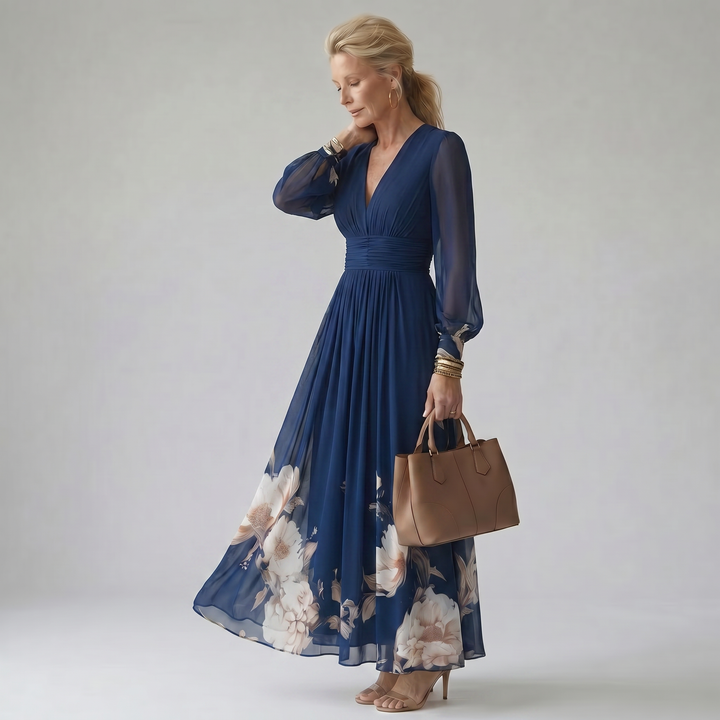 Lilly | Tengerészkék Virágos Kényelmes Maxi Ruha