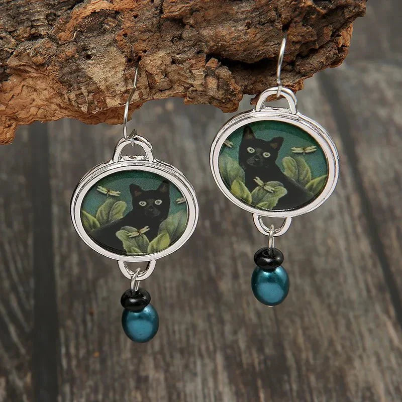 Vintage Trópusi Fekete Macska Lógós Fülbevalók
